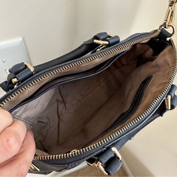 MK Michael Kors Blue and Gold Medium purse with crossbody straps and handles - Picture 15 of 16